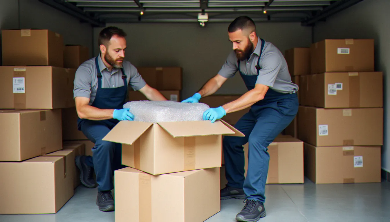 Déménageurs professionnels emballant des cartons pour un service habitat