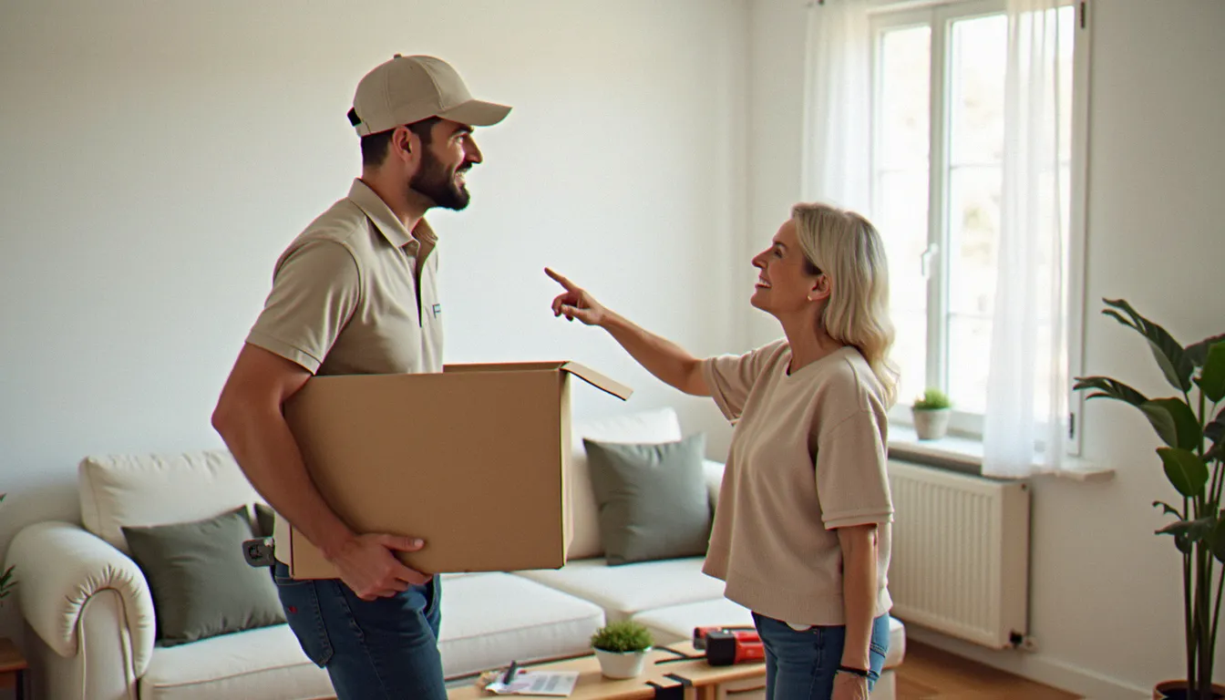 Un intervenant de services à domicile portant un carton dans un salon lumineux, illustrant un services exemple concret chez un particulier