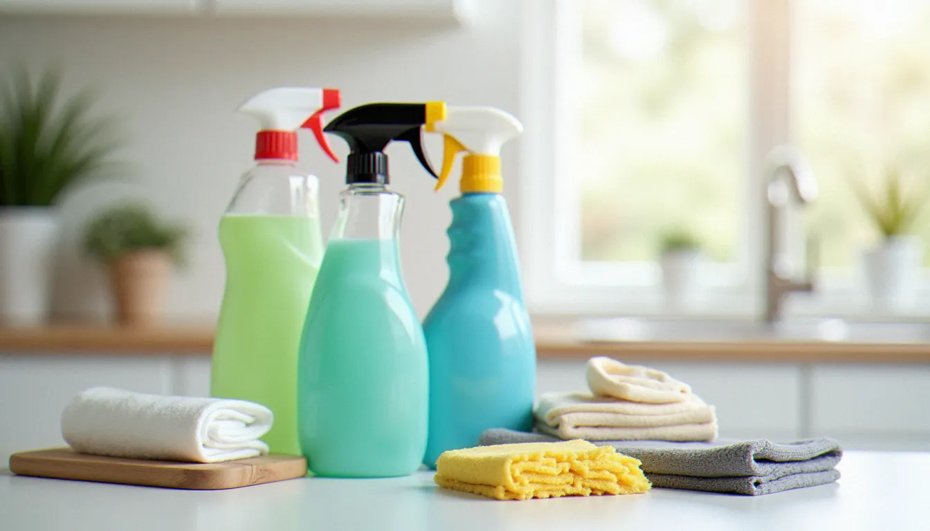 Produits et outils d'entretien pour services habitat sur un comptoir de cuisine