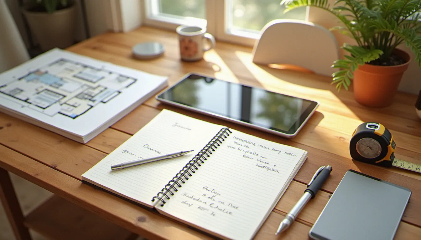 Table de cuisine avec carnet de notes, mètre et outils pour préparer les différents types de services logement