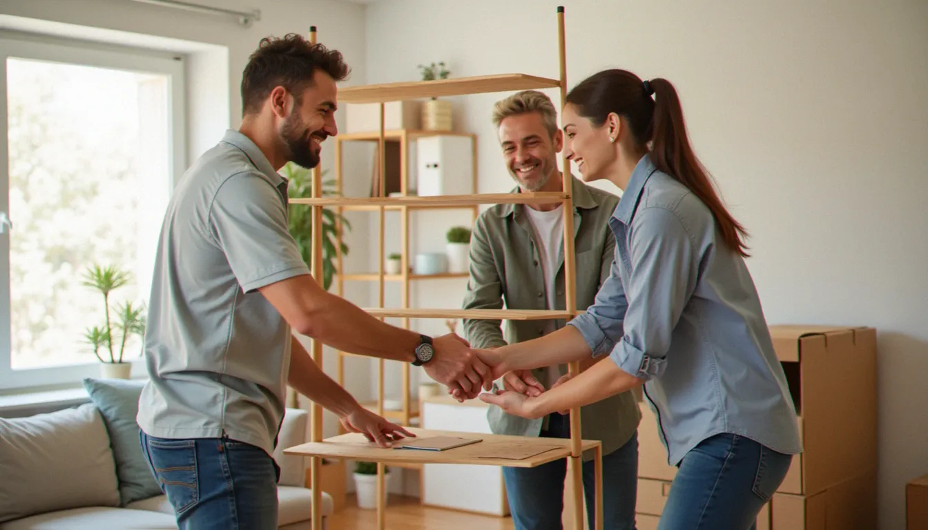 Intervenant à domicile aidant un couple à monter une étagère dans un salon, illustration des services logement en Auvergne