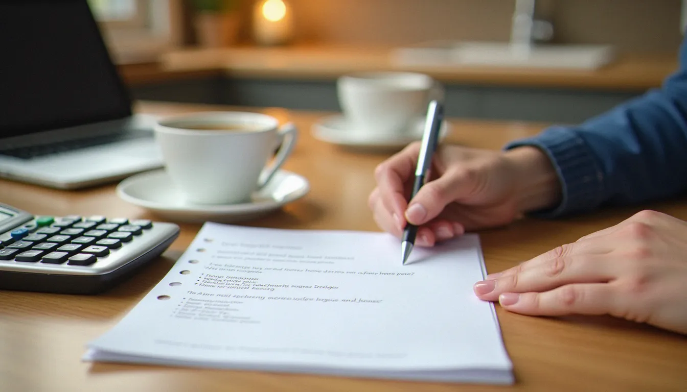 Table de cuisine avec une liste et un ordinateur portable pour comparer prestation, assistance et aide à domicile